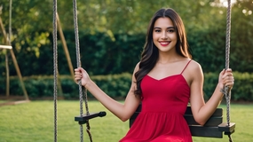 草地红色吊带裙荡秋千的美女图片